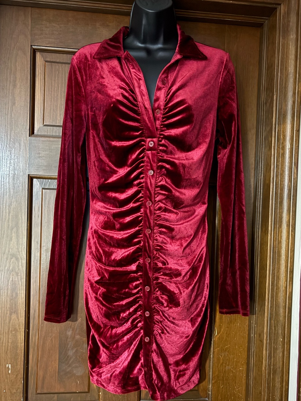 Fashion Nova Ruched Velvet Button-Front Long Sleeve Dress - Wine Red